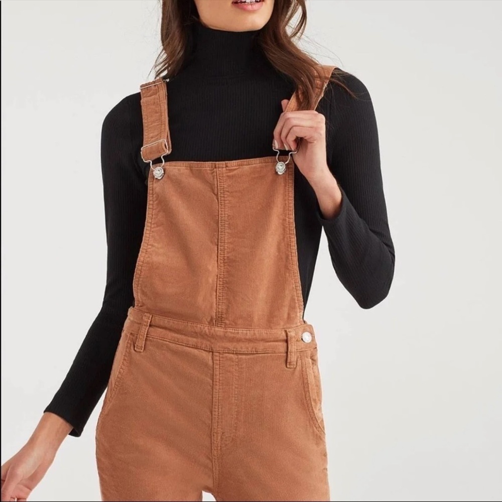 NWT 7 For All Mankind Corduroy Slim Kick Flare Overalls Penny Brown Tan Large - Picture 12 of 13